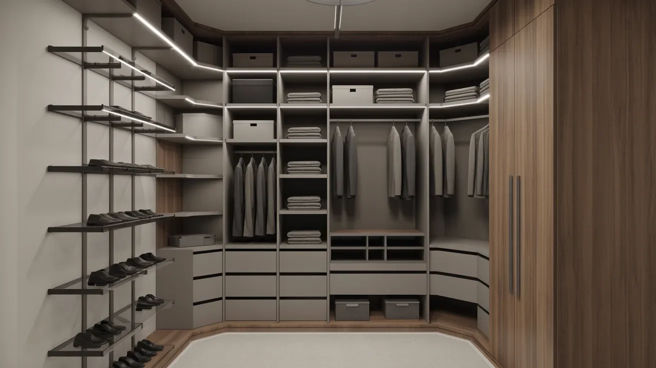 Closet corner design planning with shelving layouts, vertical storage ideas, and open versus closed systems for efficient modern organization setup.