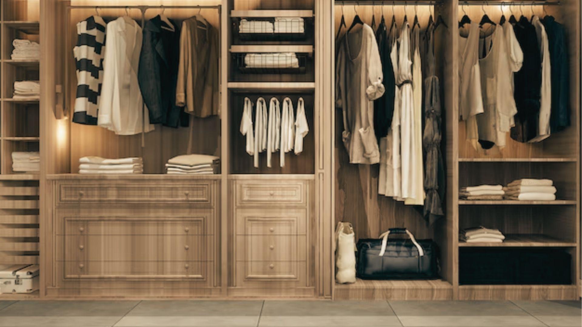 Walk-in closet with varied shelf depths: shallow 12-inch shelves for shoes and 24-inch depth for hanging coats.