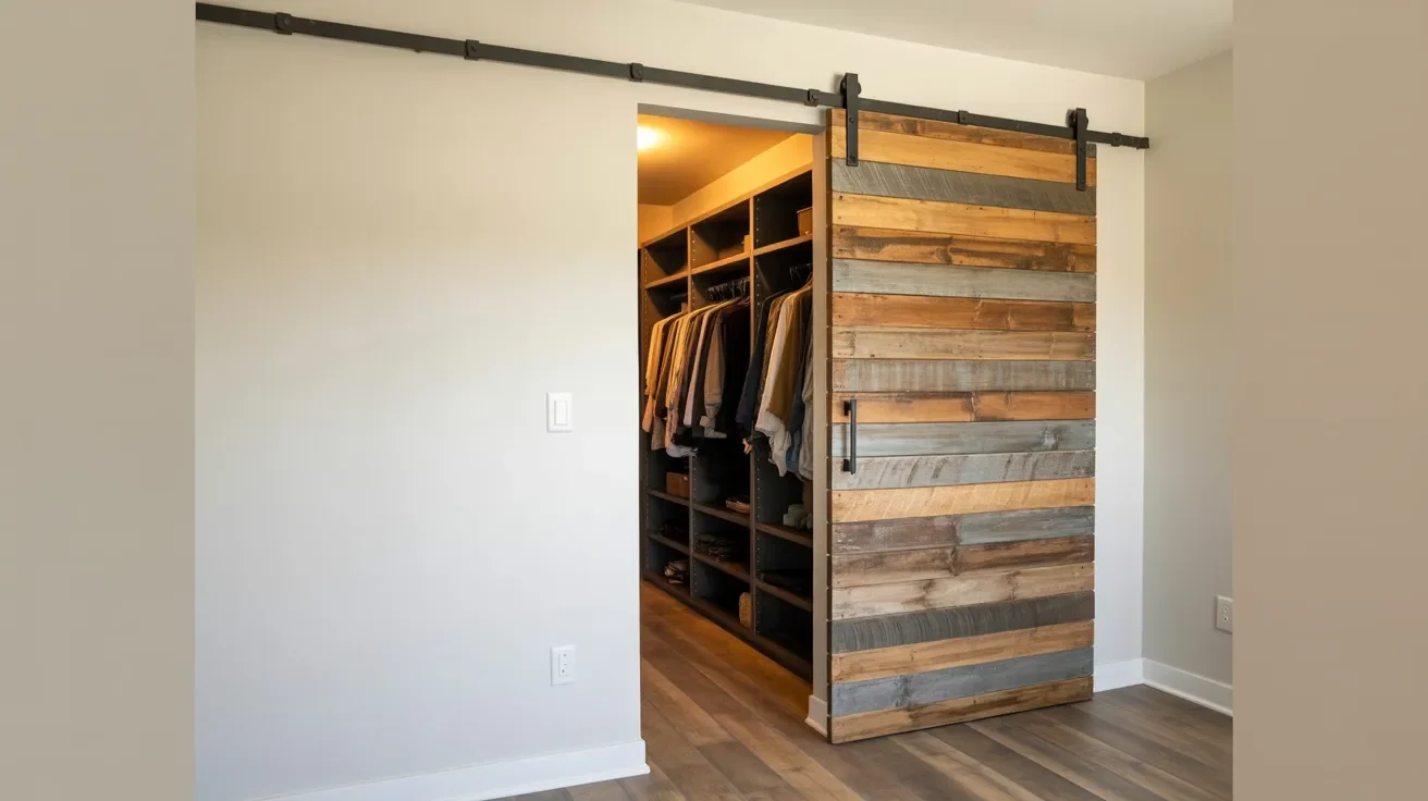 Sliding barn closet door on exposed metal rail adding rustic style while saving space in bedroom.