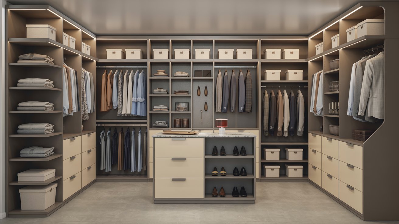 Custom modular shared closet with adjustable storage, modern organization, and flexible luxury interior design.