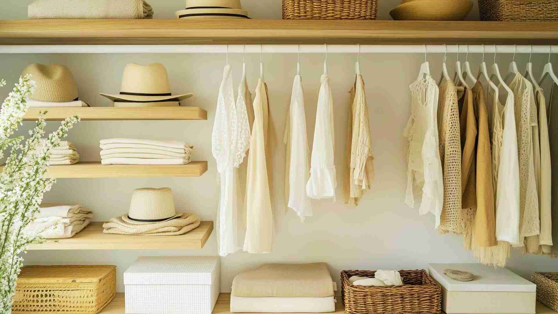 Minimalist wooden open closet with hats, wicker baskets, neutral hanging clothes, and folded linens.