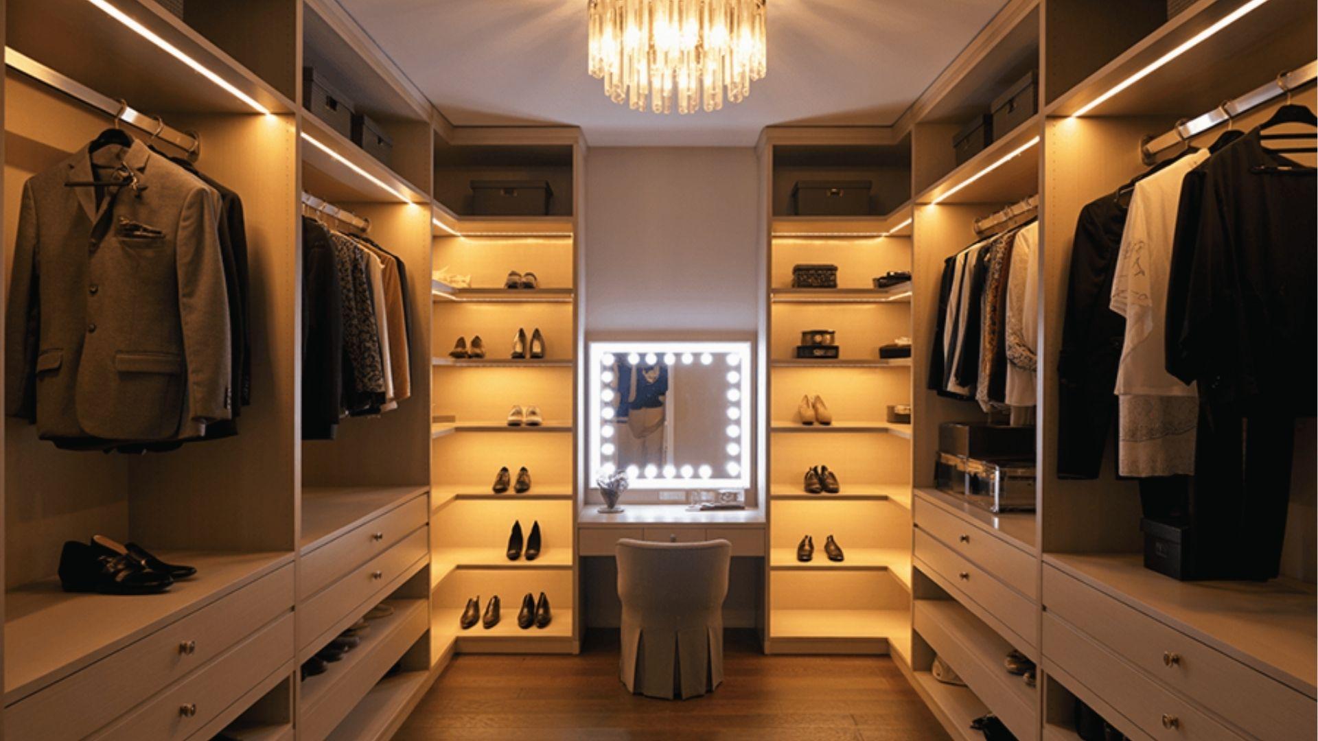Warm lit walk-in closet with LED vanity mirror, center island, and glass-door cabinet storage.
