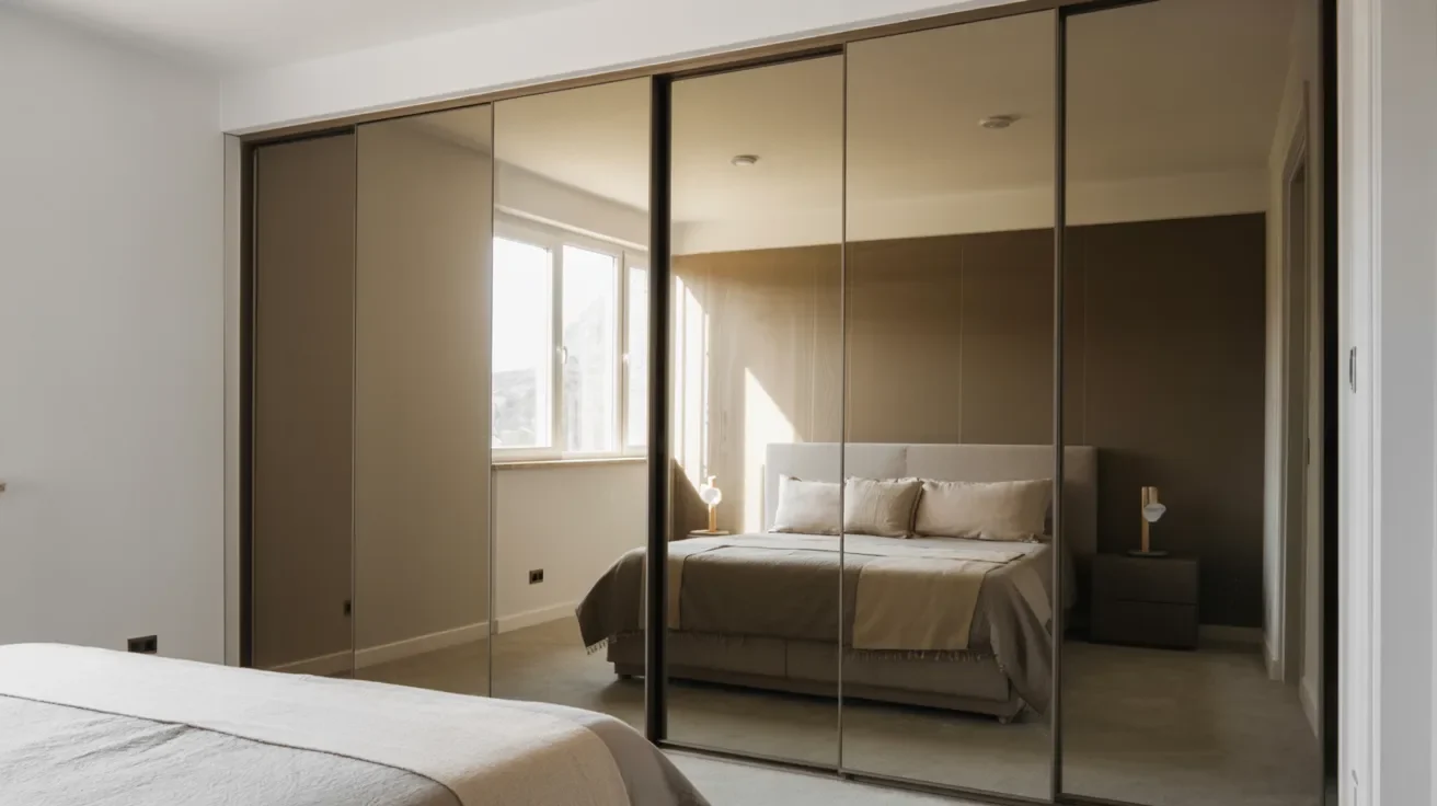Full length mirror closet doors reflecting room and creating spacious look in small bedroom.