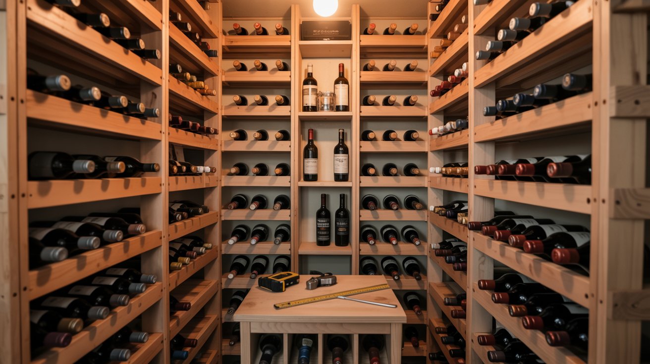 Modern closet wine cellar with insulated walls, cooling system, wooden racks, diamond bins, and organized wine storage