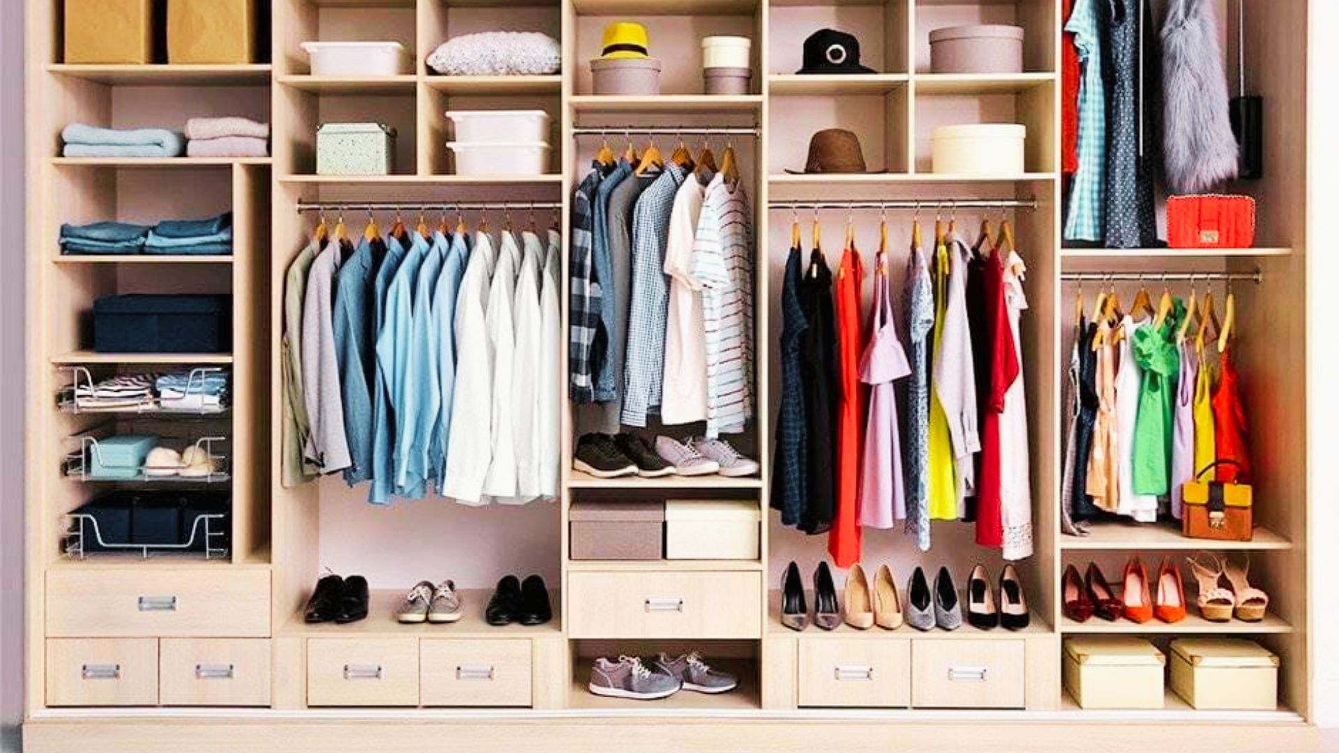 Open wardrobe system with hanging clothes, shoe shelves, hats, boxes, and colorful garments.