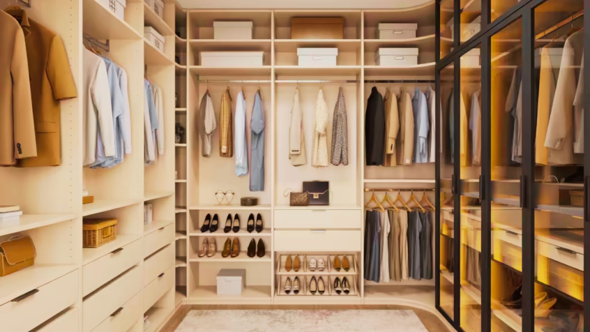Curved walk-in closet with mixed rods and drawers highlights full-height coat closet dimensions for storage.