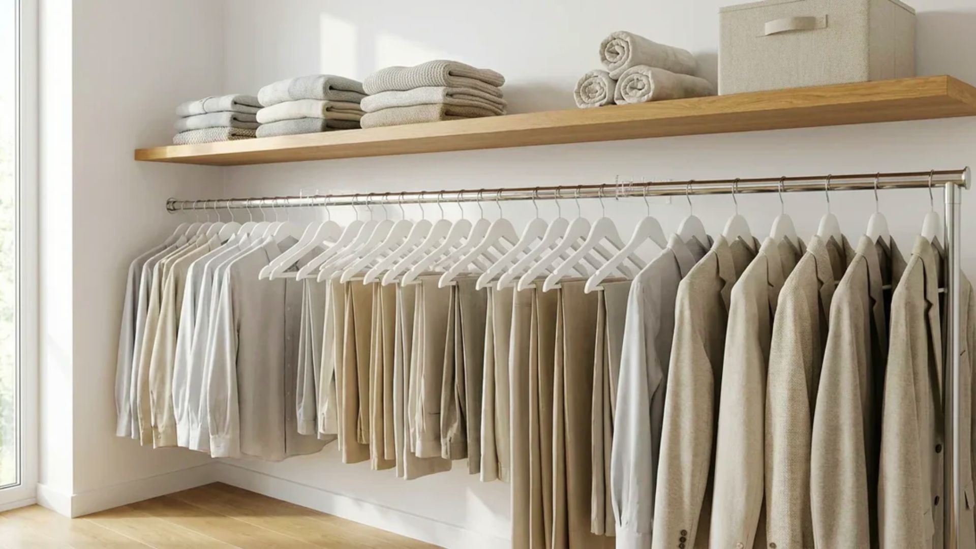Minimalist open closet with a wood shelf and metal hanging rod displaying beige and cream clothing on white hangers.