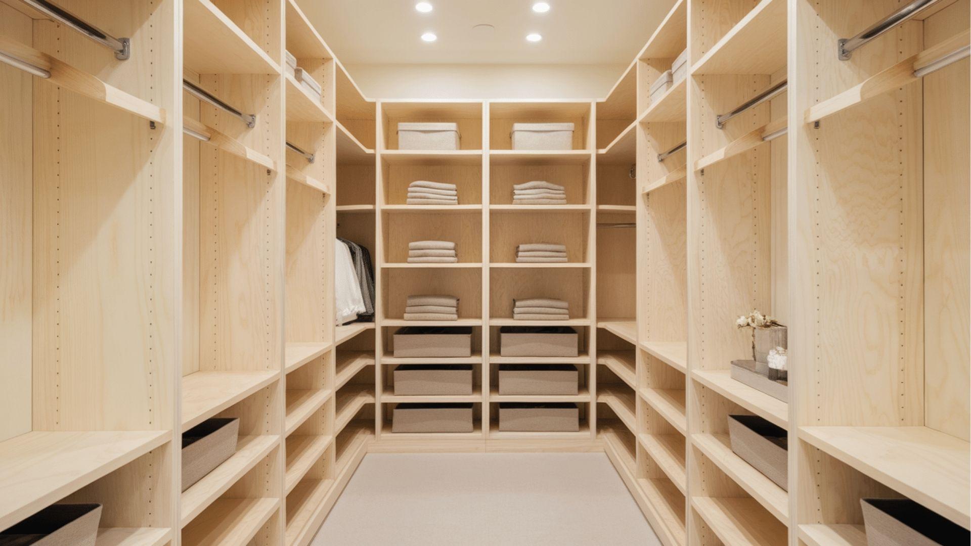 Modern walk-in closet with maple shelves installed, showing the clean look of best closet wood.