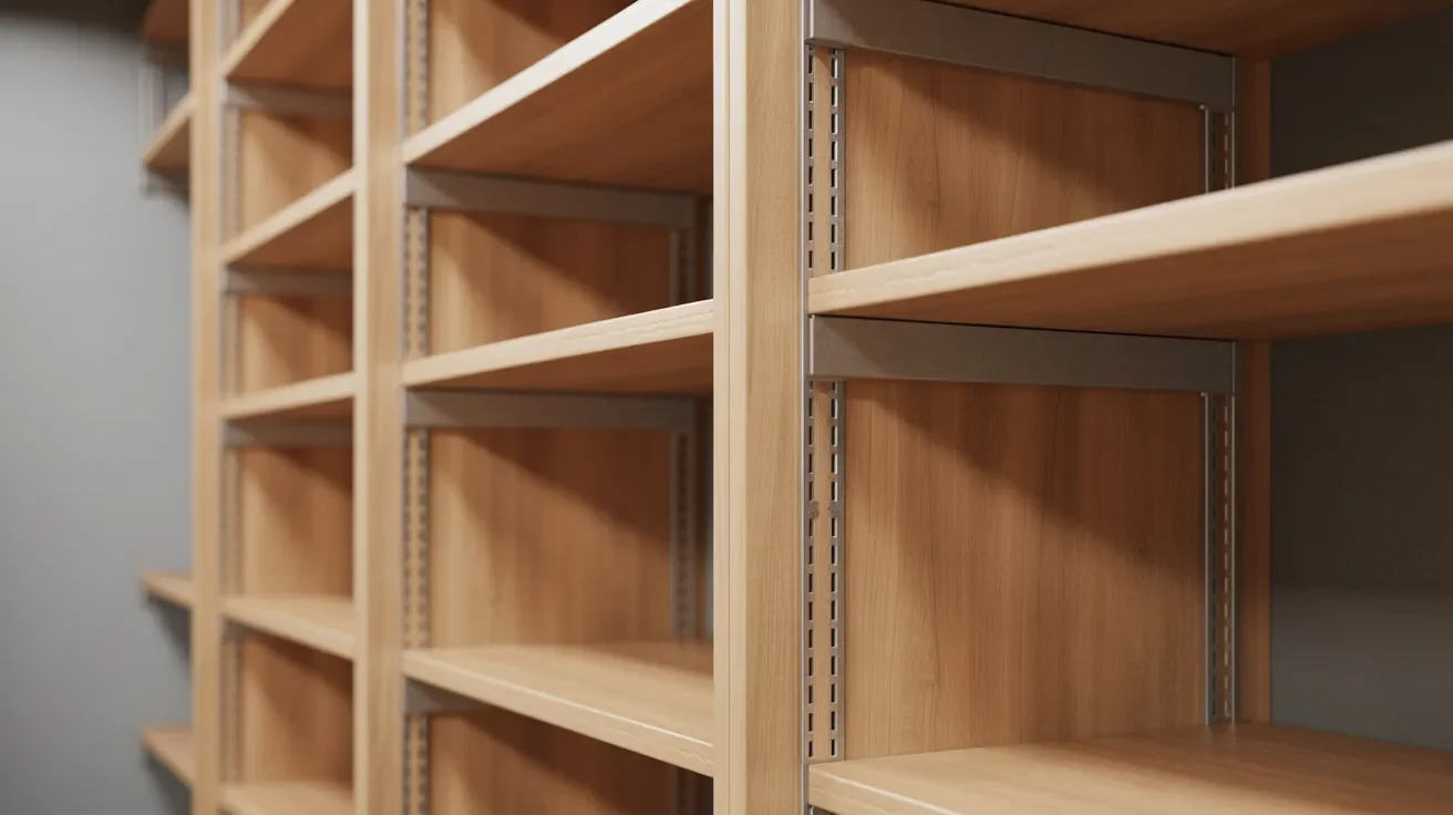Close view of no drill shelf system showing tight side panels and supported shelves using pressure fit design.