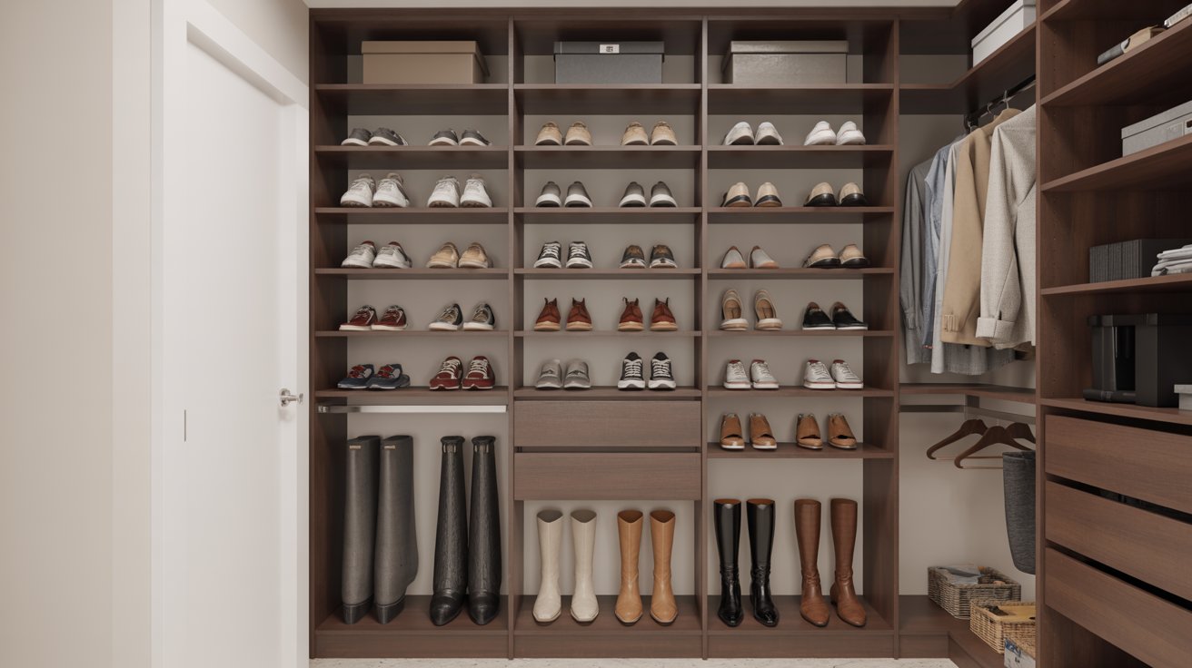 Dark wood closet with varied shelf heights: short 6-8 inch shelves for flats and tall sections for boots.