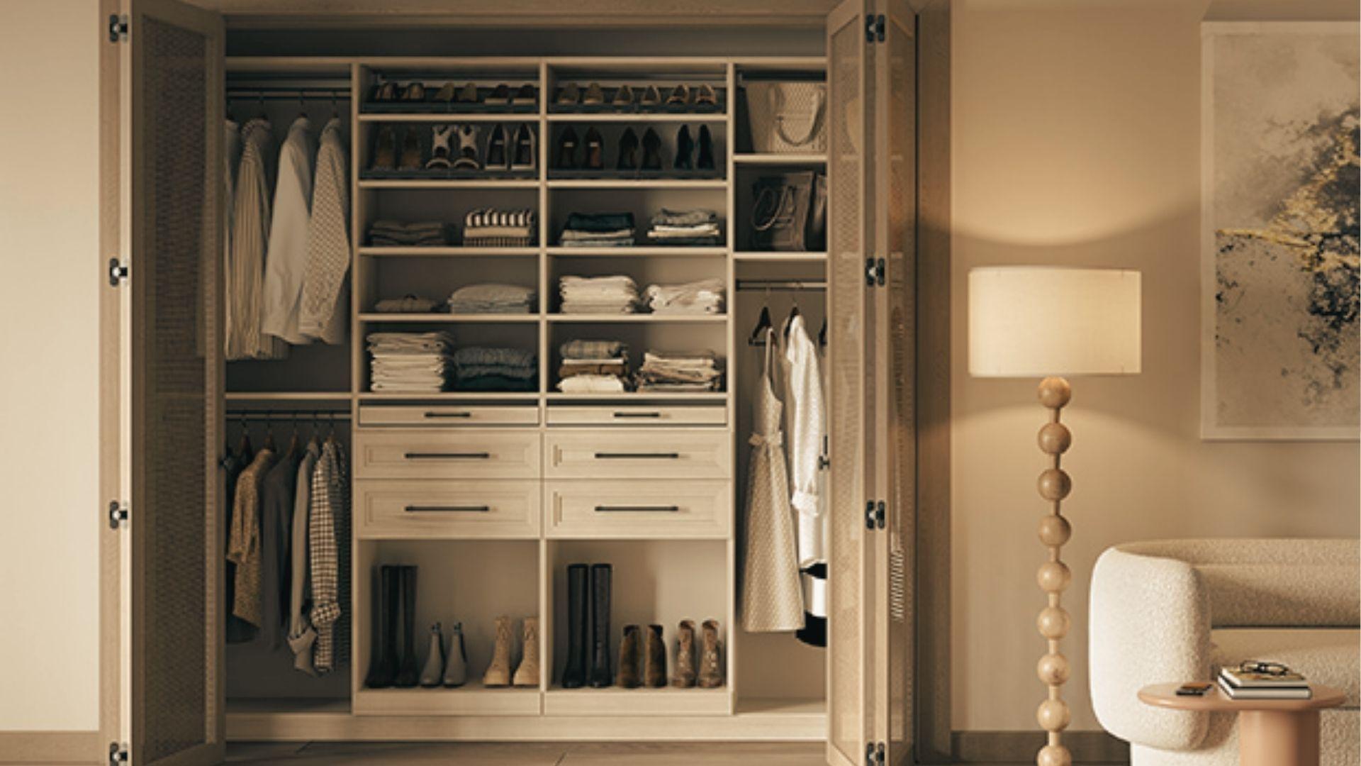 Double-door closet system with short shelf heights for folded clothes, shoes, and boots.
