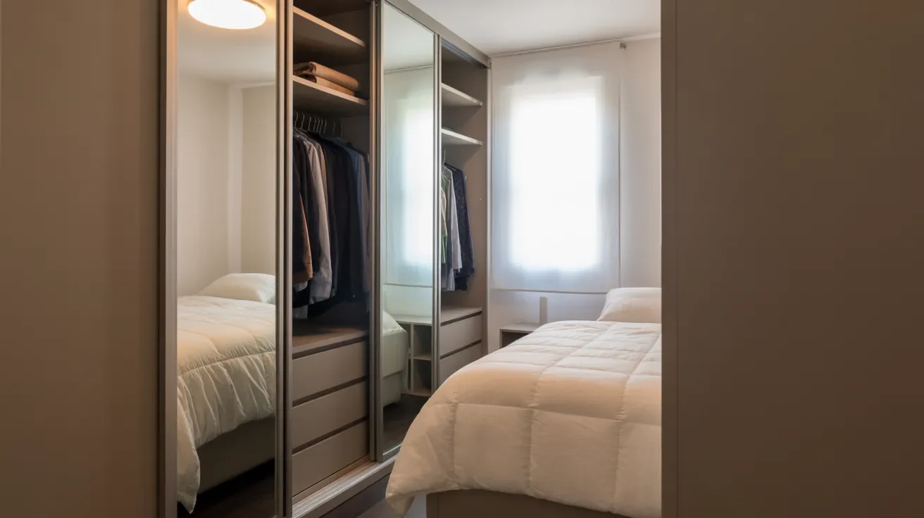 Small room with sliding closet doors showing better space use compared to hinged doors needing more clearance.