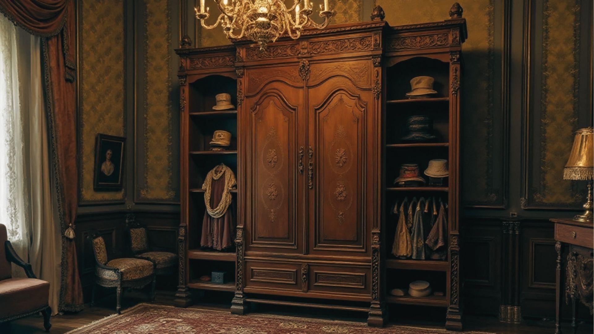 Ornate vintage carved wooden armoire with double doors and open shelving in a classic Victorian-style room.