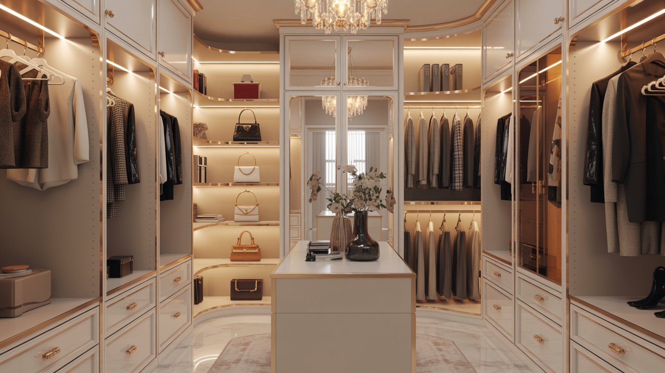 Luxury boutique-inspired closet with glass shelves, gold accents, velvet hangers, and elegant wardrobe organization