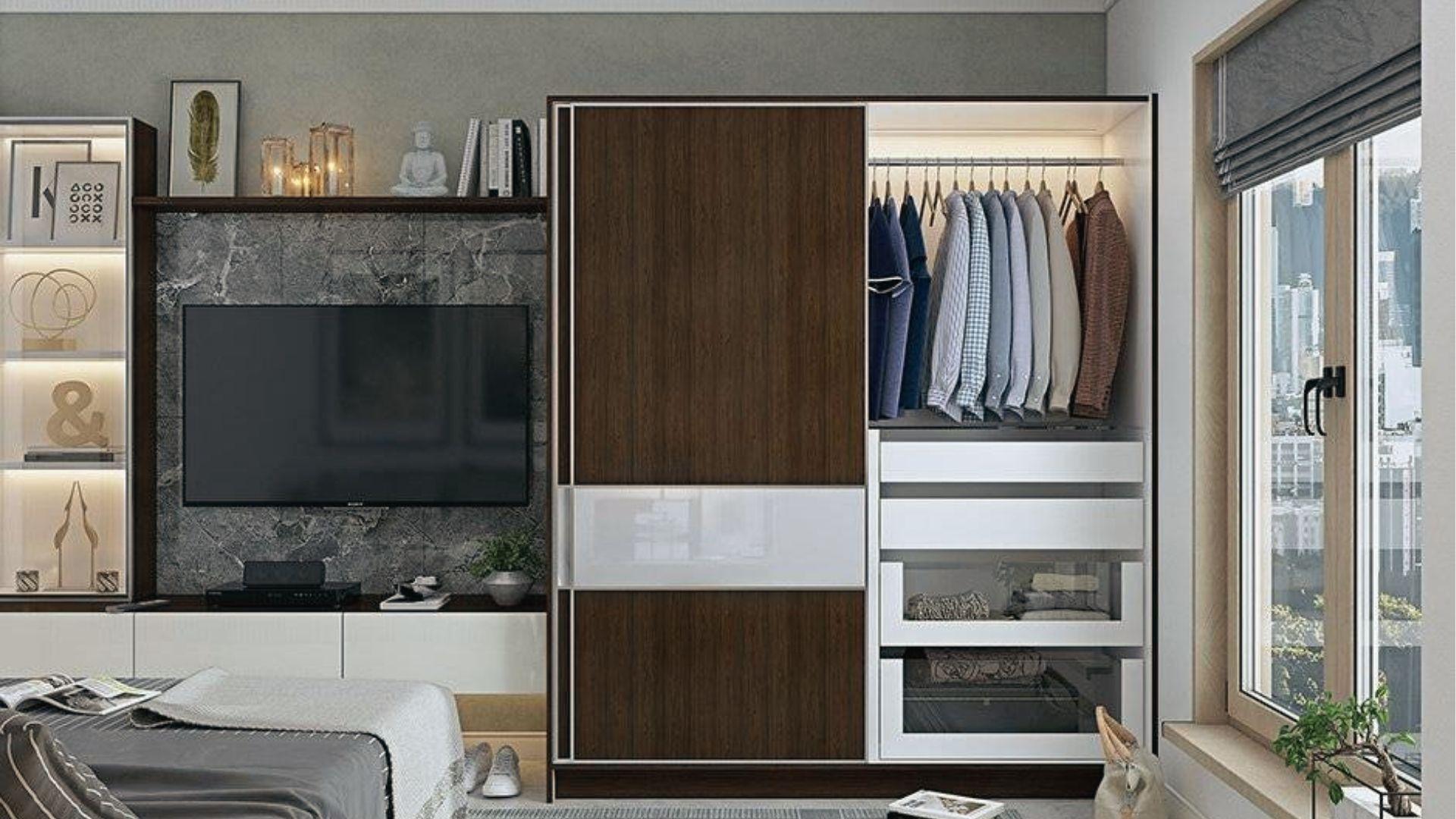 Compact bedroom closet layout with sliding door, TV unit, window view, and organized shelving.