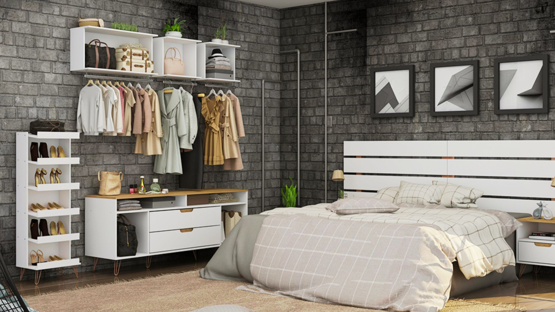 Bedroom with industrial brick wall, white bed, open wardrobe, shoe rack, and wall art frames.