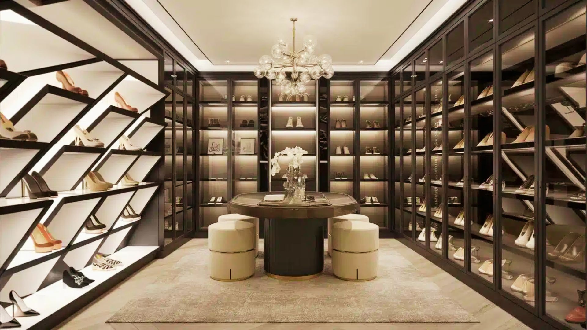 A dramatic walk-in shoe gallery with black framed glass cabinets and backlit angular shelves displaying designer heels.