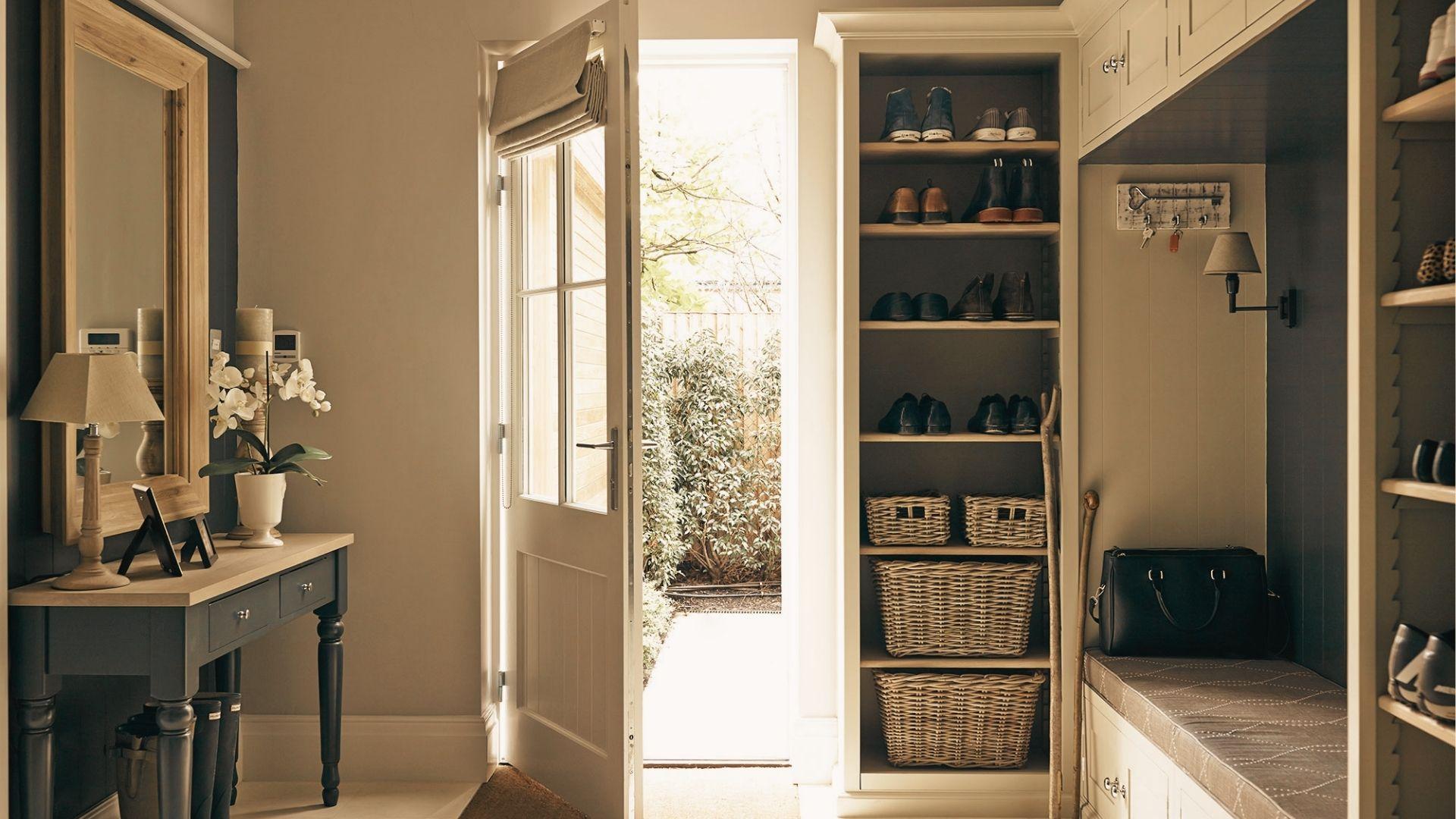 Mudroom with tall built-in closet featuring shallow 12-inch deep shelves for shoes and baskets.
