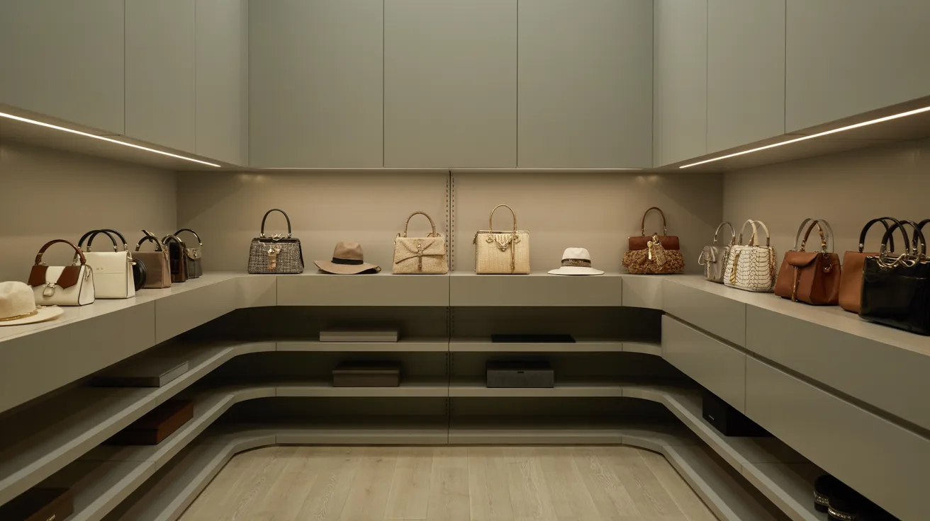 Bridge shelf connecting two closet walls across corners with neatly arranged bags and hats at eye level in modern organized interior.
