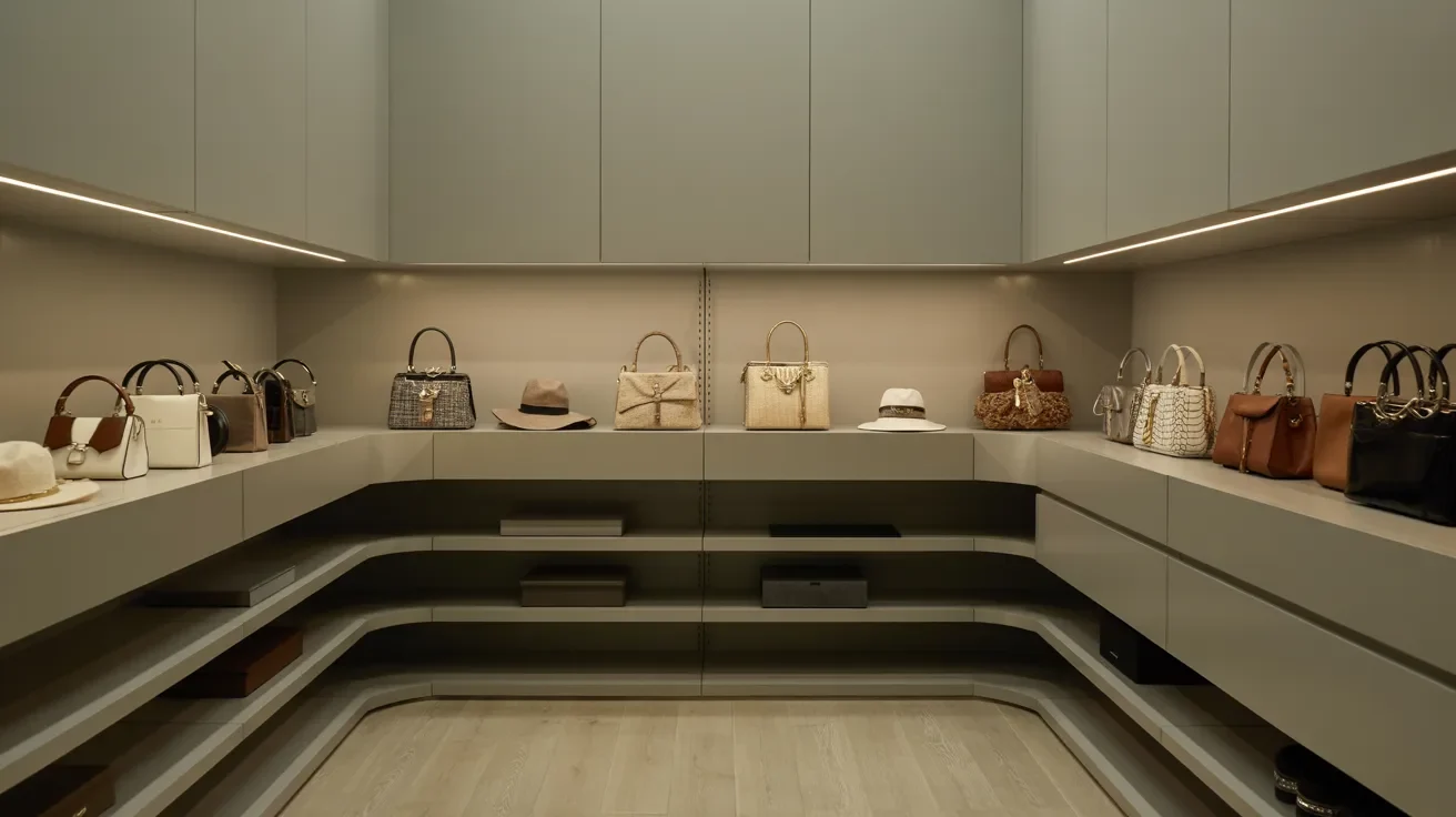 Bridge shelf connecting two closet walls across corners with neatly arranged bags and hats at eye level in modern organized interior.