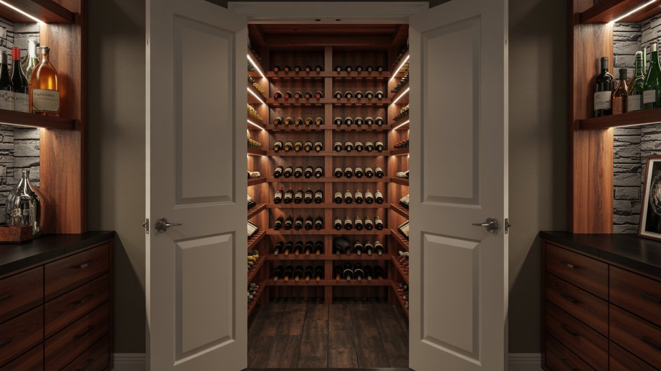 Small closet transformed into dark wine cellar with wooden racks, soft lighting, and organized wine bottles