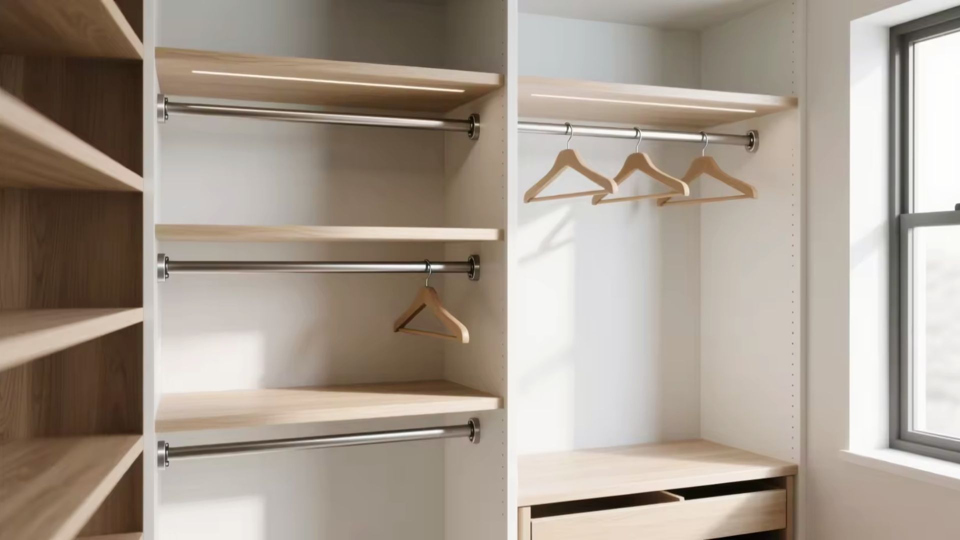 Modern white closet system with multiple metal closet rods, wooden shelves, and empty wooden hangers.