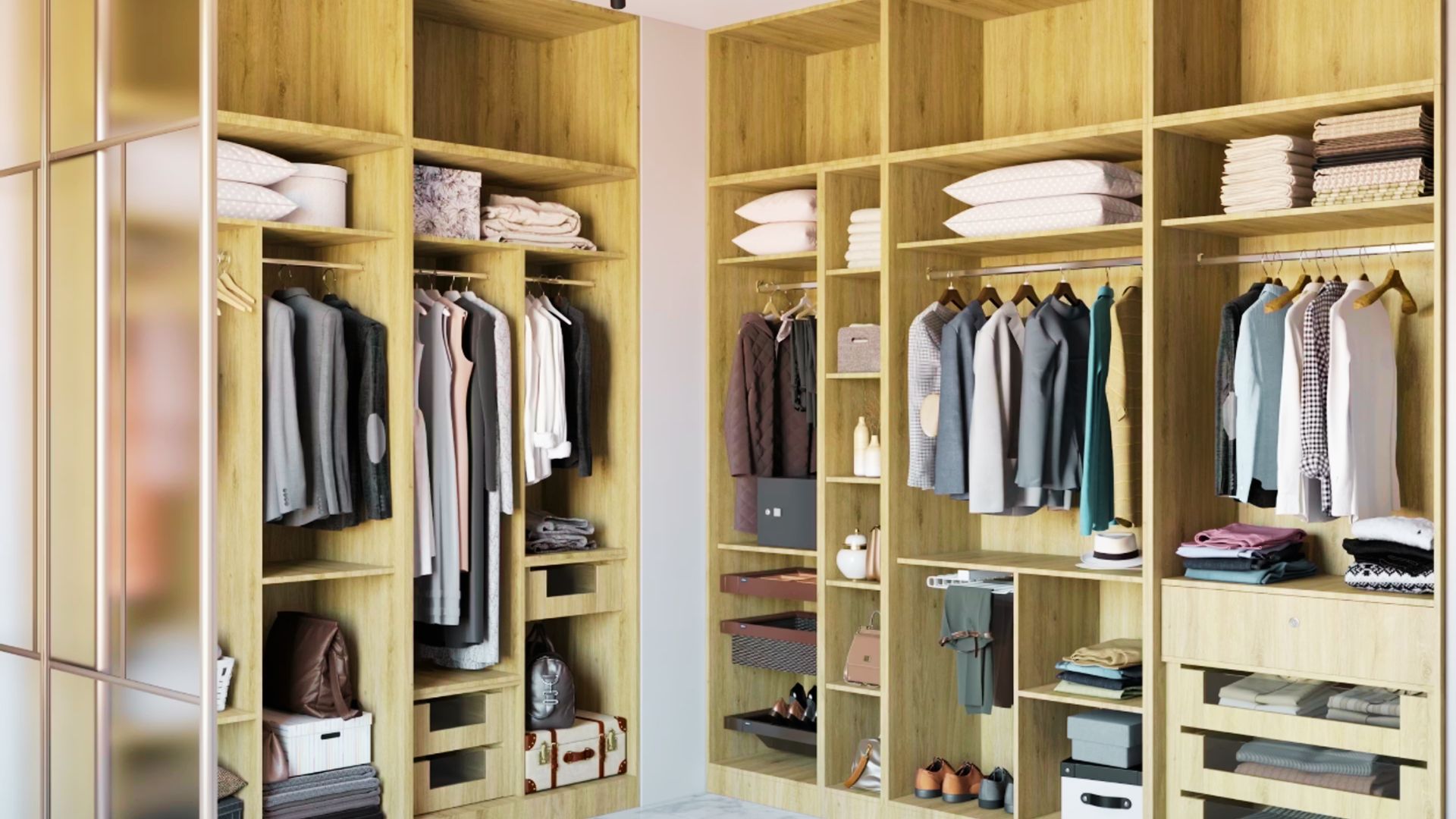 White open wardrobe with colorful clothes, hats, shoes, boxes, drawers, and organized cubbies.