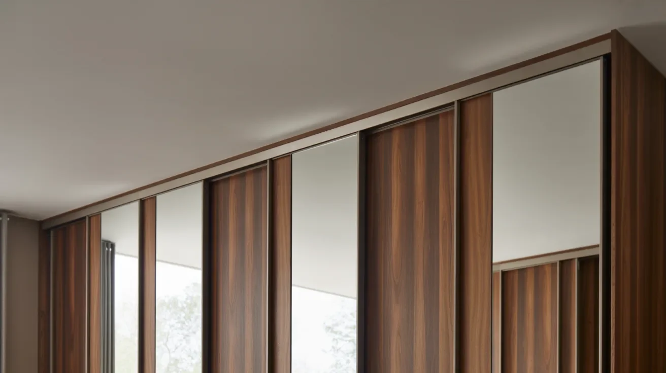 Sliding closet doors moving horizontally on top track with mirror and wood panels in modern bedroom.