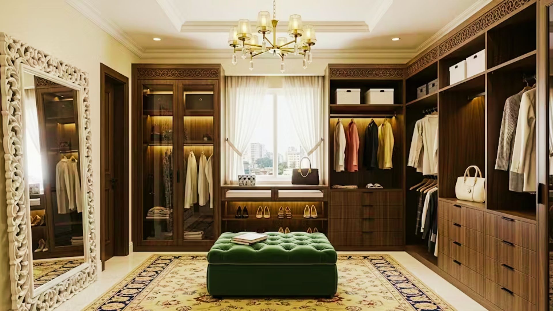 Luxury walk-in closet with chandelier, green ottoman, carved mirror, dark wood and city view.