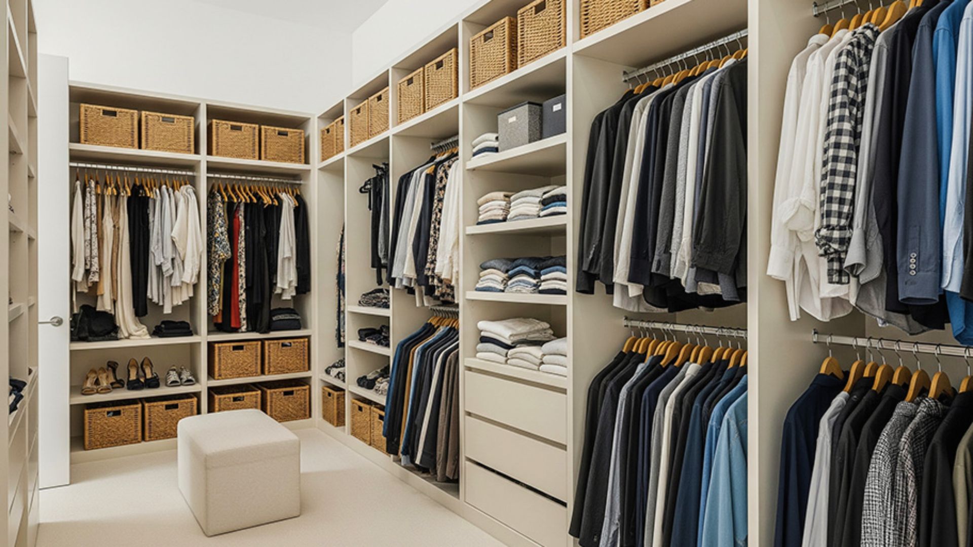 White reach-in closet combining 12-inch deep shoe cubbies with 24-inch deep upper shelves for baskets.