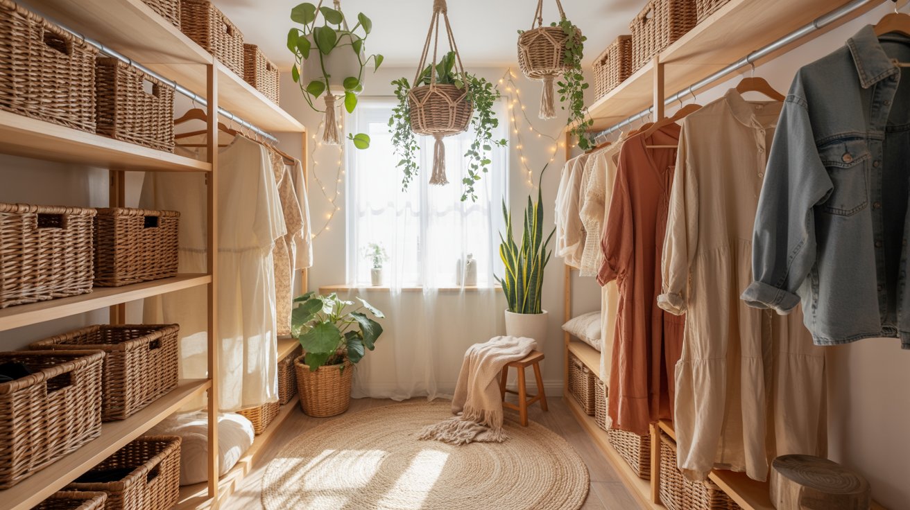 Boho aesthetic closet with fairy lights, rattan baskets, hanging plants, and warm earthy bedroom decor