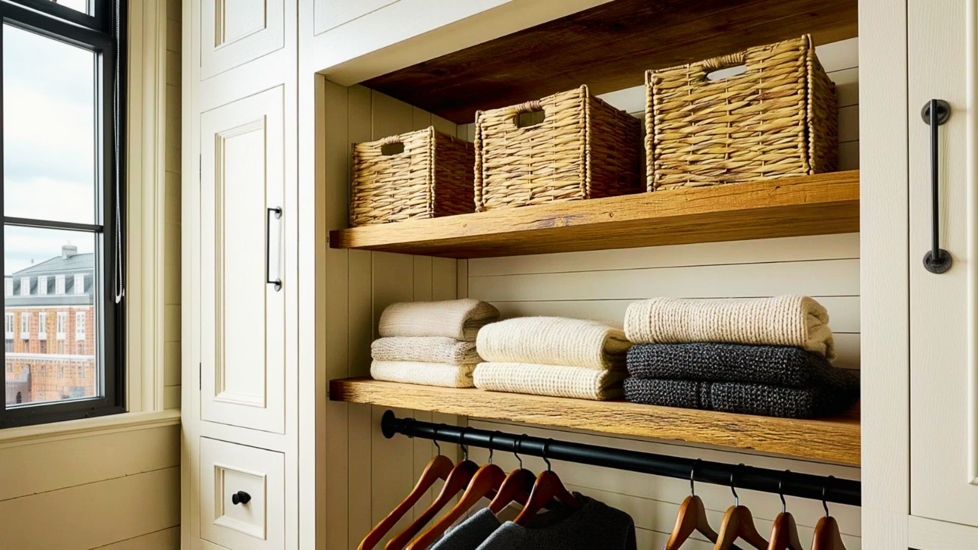 Farmhouse closet with wood shelves, wicker baskets, folded sweaters, hanging clothes, and window.