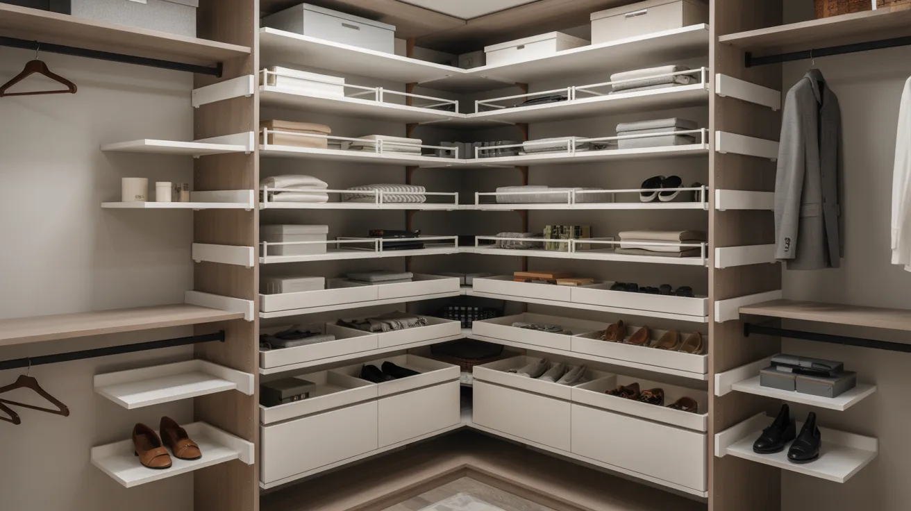 Pull-out corner storage system fully extended in walk-in closet providing complete access to shelves and compartments in modern efficient design.