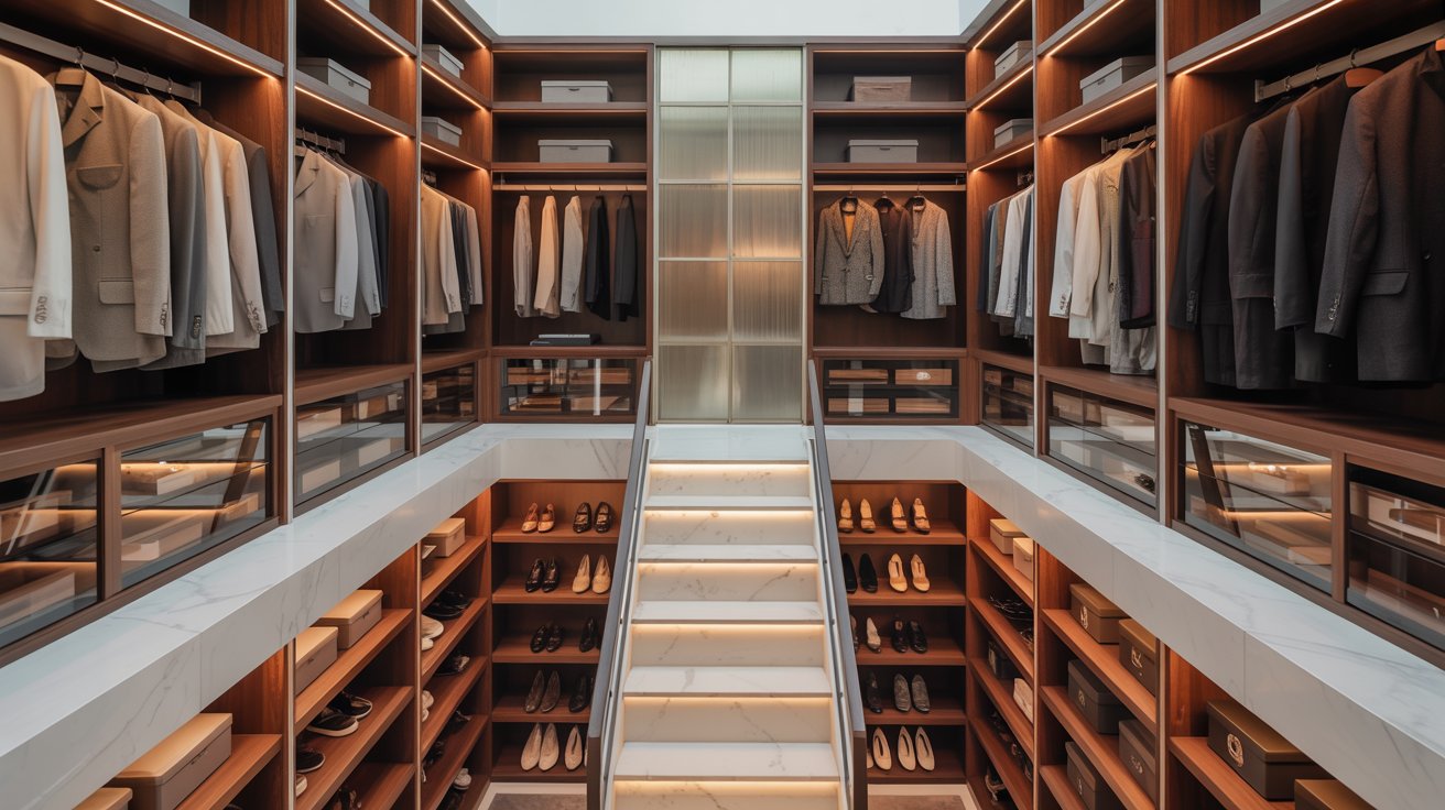 Luxury two-story closet with vertical storage, organized fashion displays, staircase, premium lighting, and spacious interior design