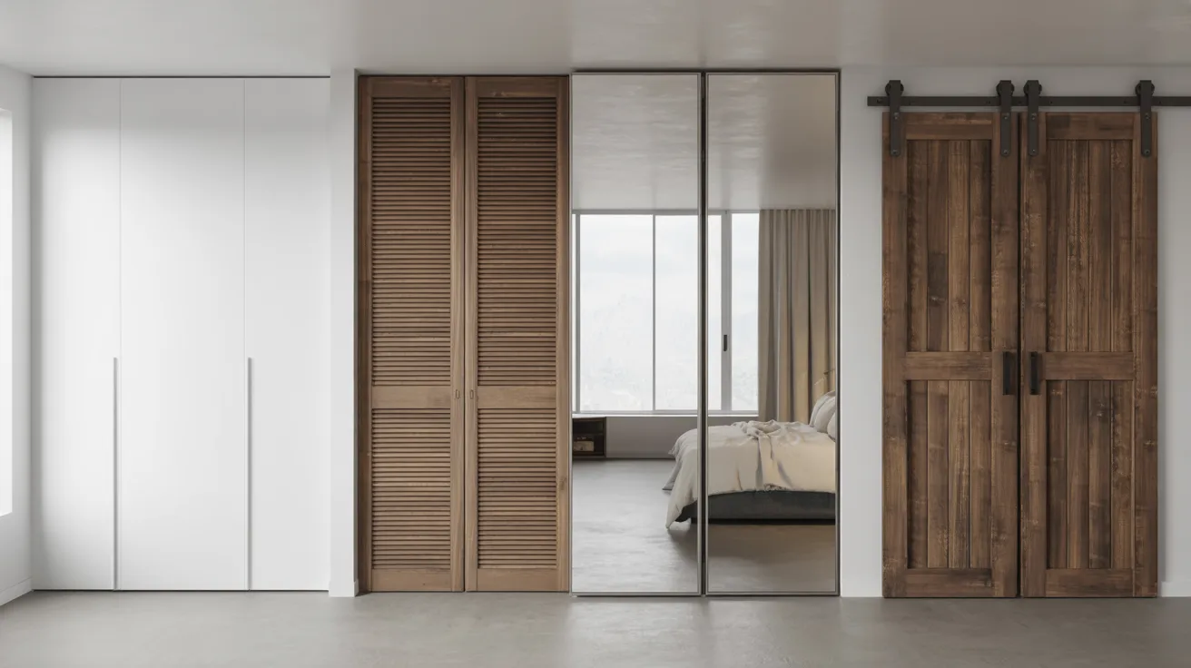 Multiple closet door styles including sliding, bifold, mirrored, and barn doors displayed in a modern bedroom setting.