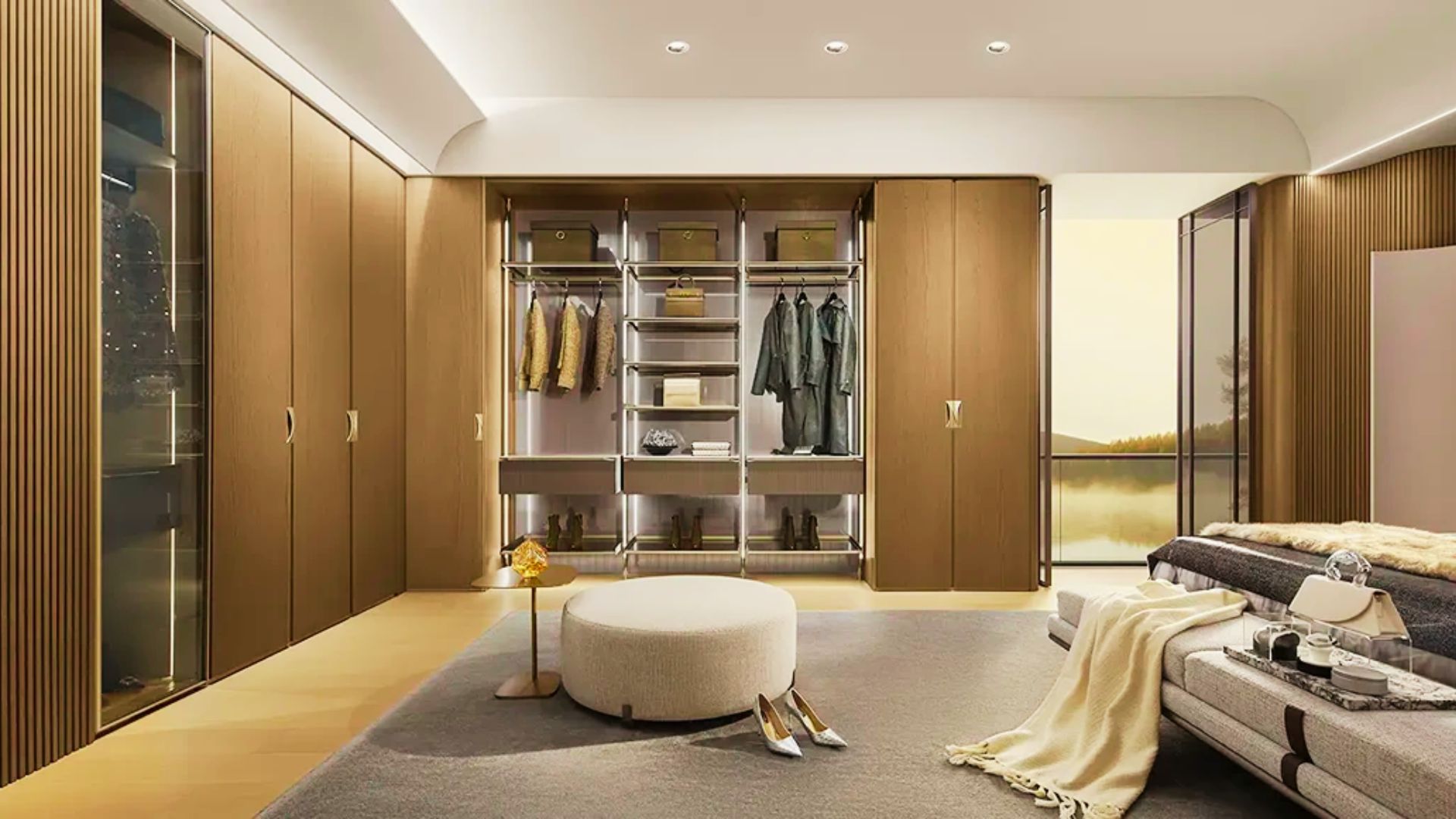 Luxury open wardrobe with wood cabinets,shelves and soft ambient lighting.