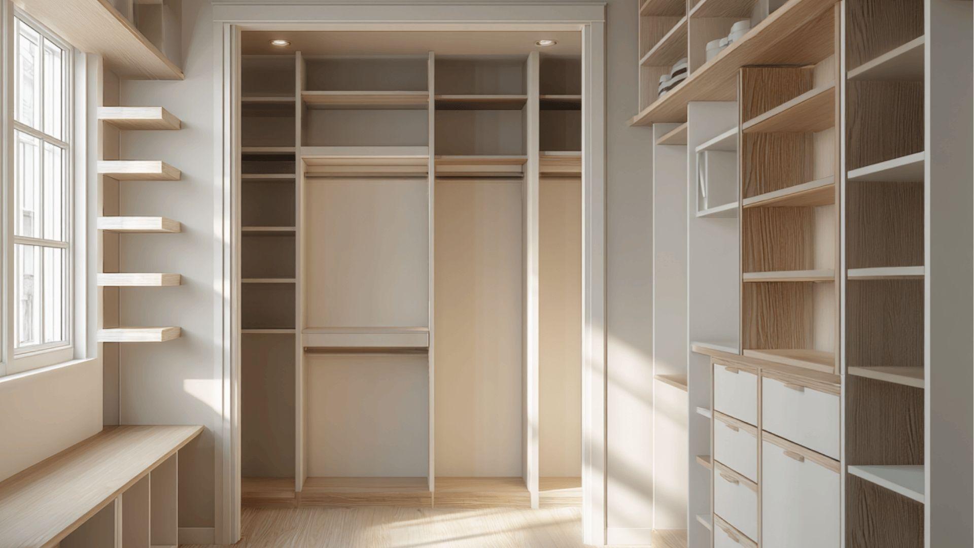 Bright walk-in closet with window bench, light wood shelves, drawers, and hanging rods.