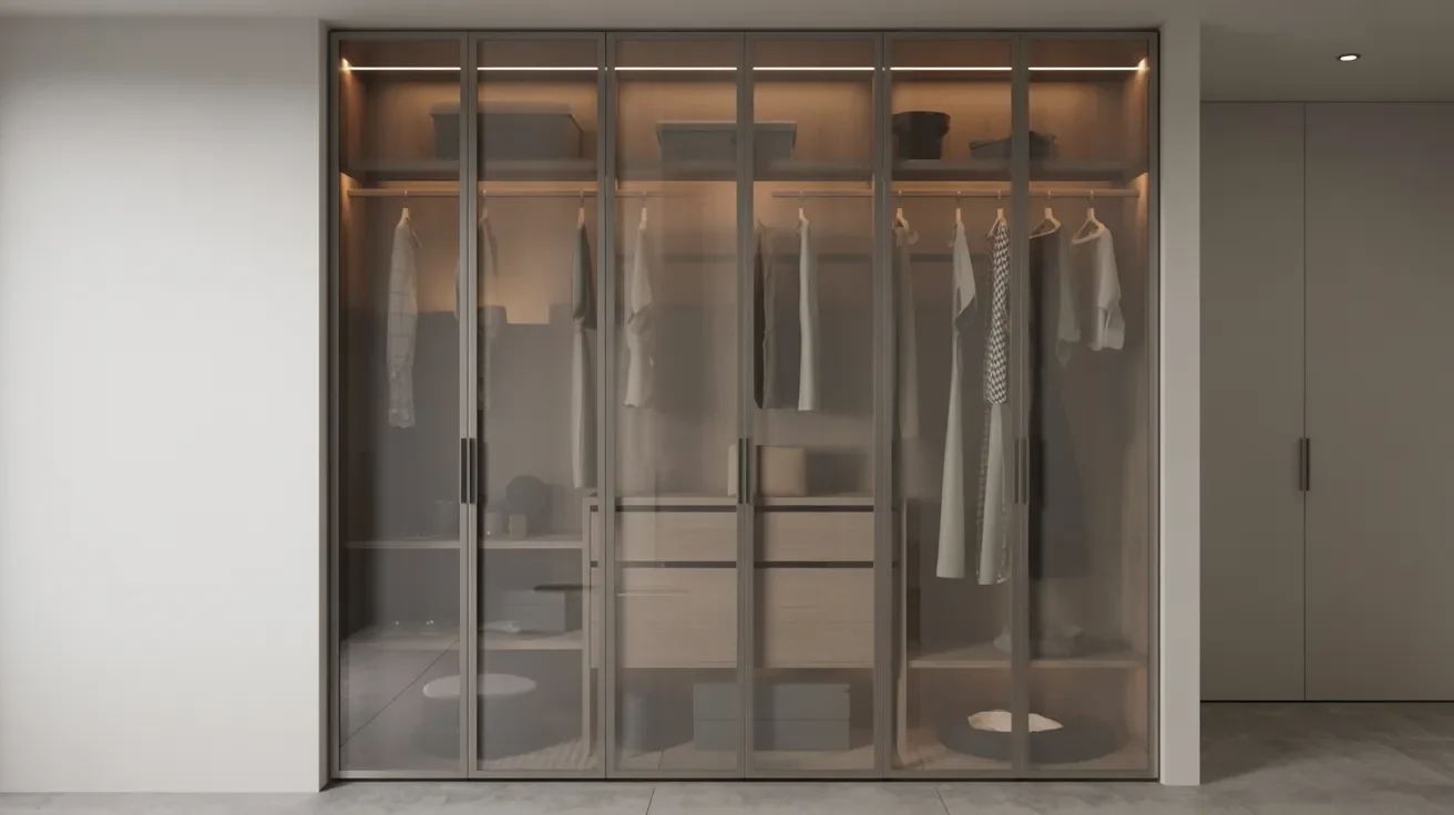 Glass closet doors with frosted panels allowing light while maintaining partial privacy in modern wardrobe.