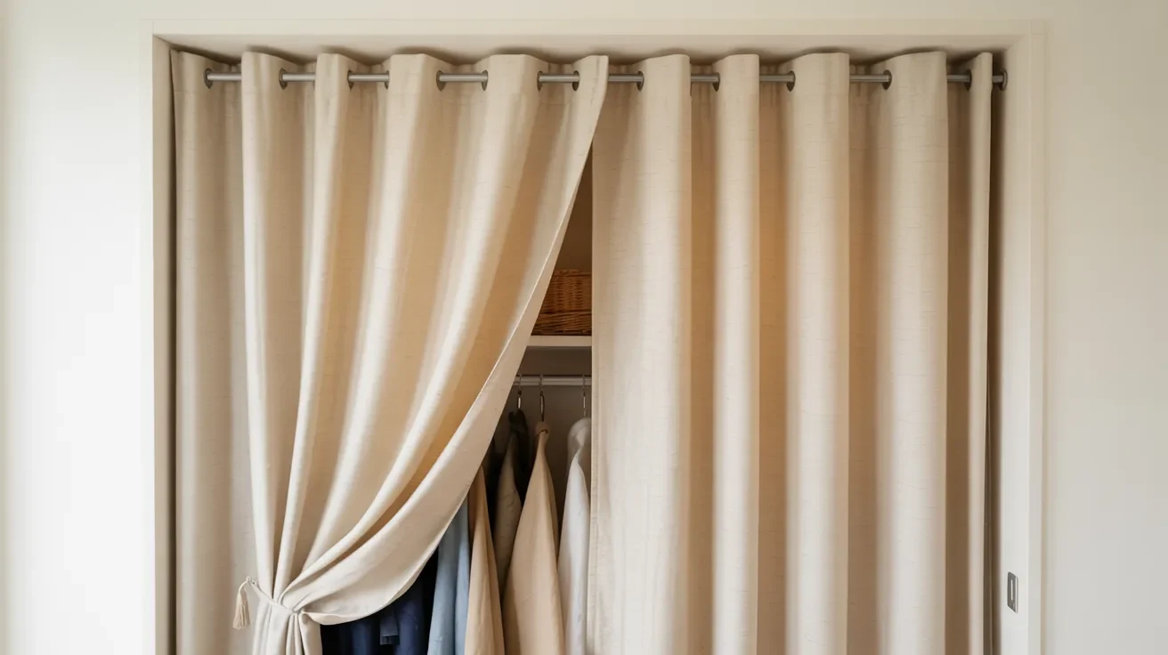 Closet covered with fabric curtain on rod showing budget friendly and renter friendly alternative to doors.