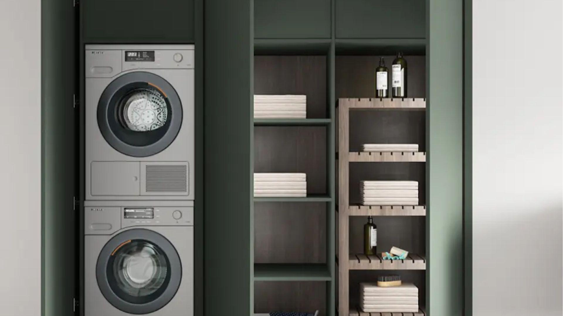 Sleek olive cabinet-style doors conceal laundry machines, modern bifold door replacement.