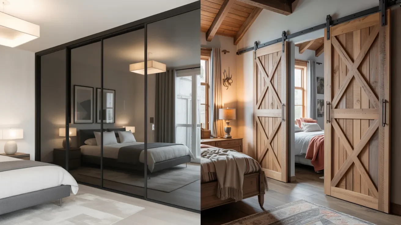 Closet doors matching room styles including modern glass doors and rustic barn doors in different interior designs.