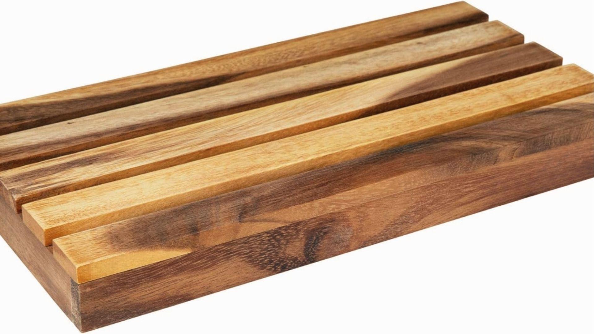 Smooth acacia wood planks with warm tone, stable hardwood for elegant closet shelving