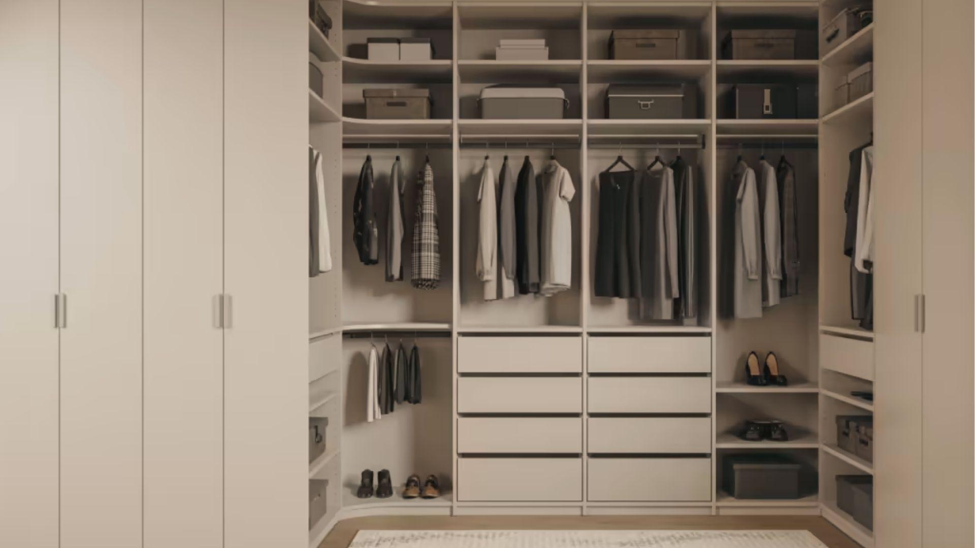 Minimal beige walk-in closet with drawers, open shelving, hanging space, and corner units.
