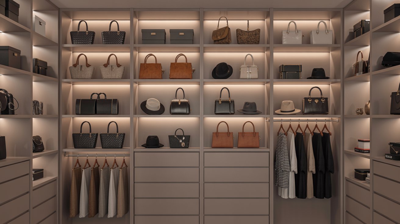 Backlit closet with closely spaced shelves around 12 inches high to showcase handbags and hats.