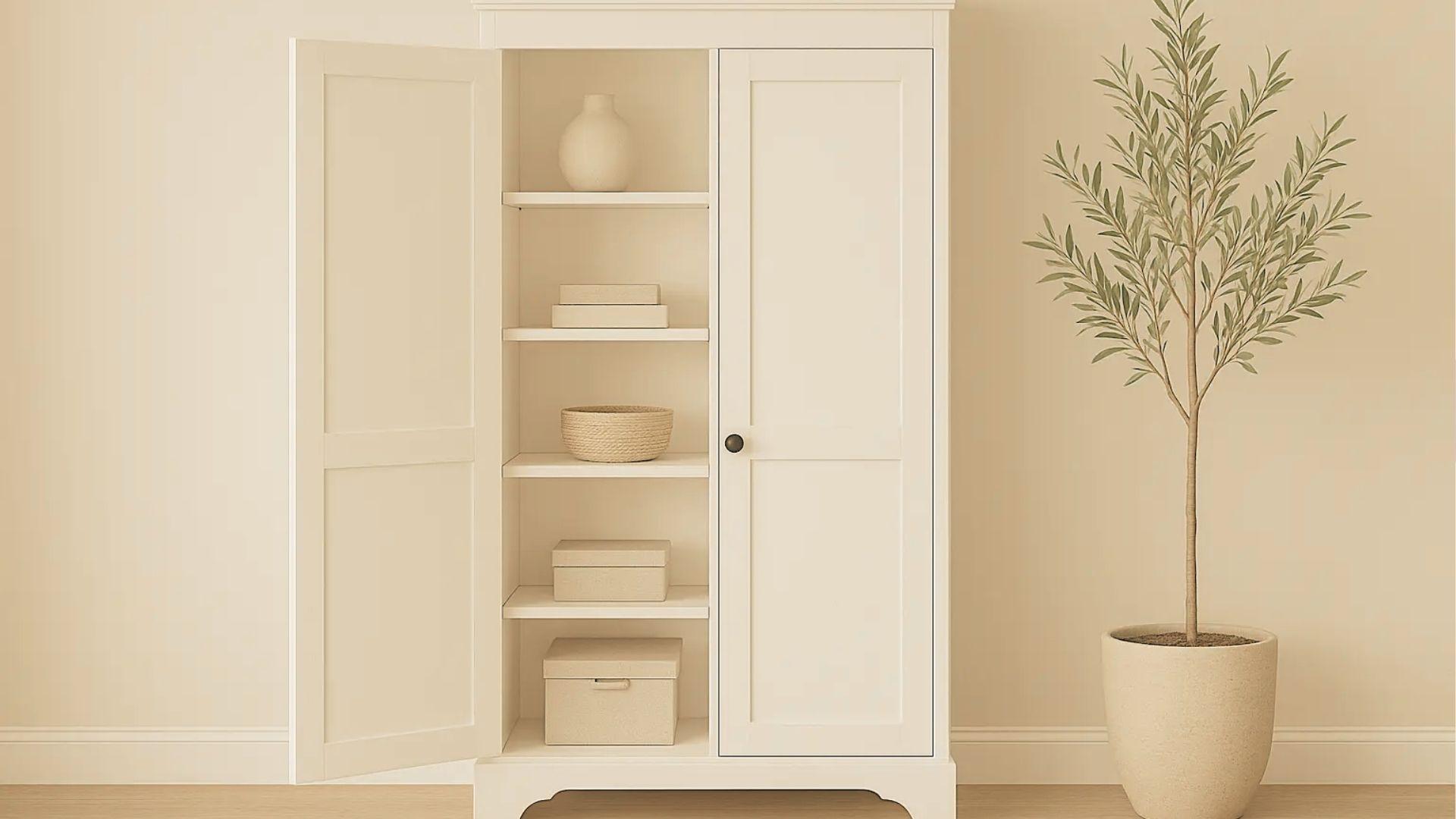 Off-white shaker-style armoire with one door open revealing shelves with storage boxes and decor.