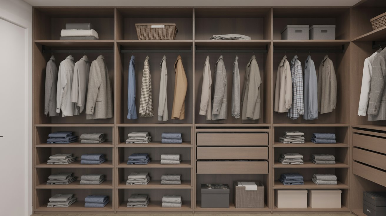 Walk-in closet with standard double-hang rods spaced about 40 inches apart for shirts and jackets.