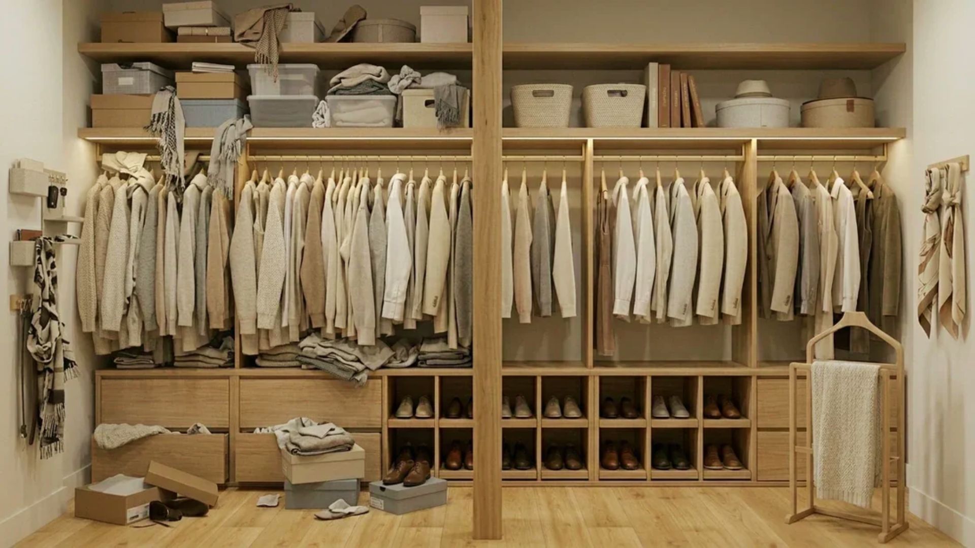 Large walk-in closet with natural wood shelving and multiple single hanging rods at standard height.