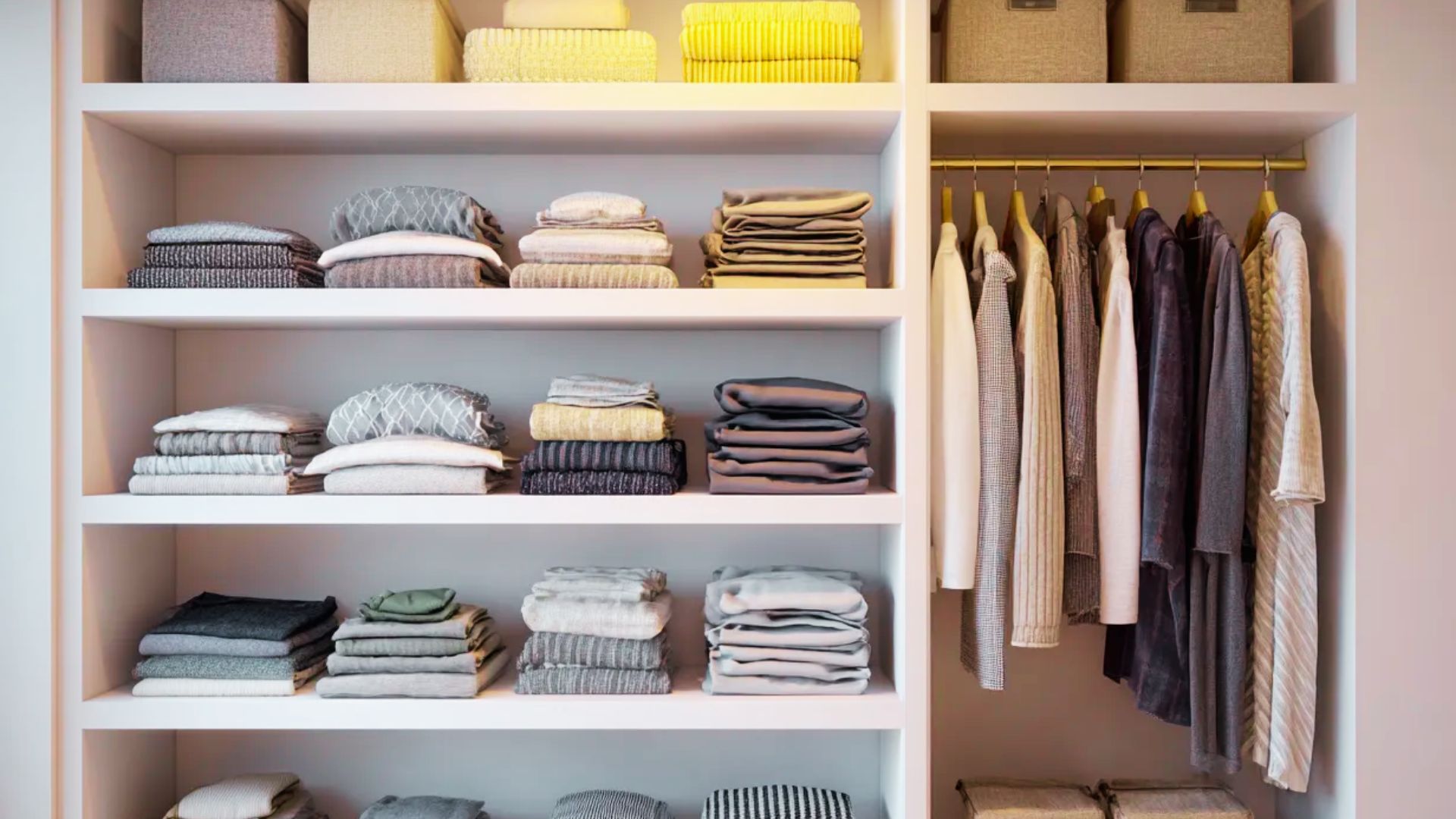 Organized closet with white shelves, folded clothes, hanging garments, baskets, and gold rod.