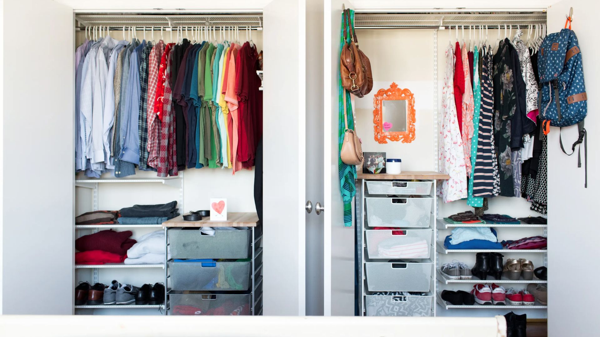 Colorful dual reach-in closet with white wire shelving, hanging rods, and mesh drawer units for organized clothing storage.