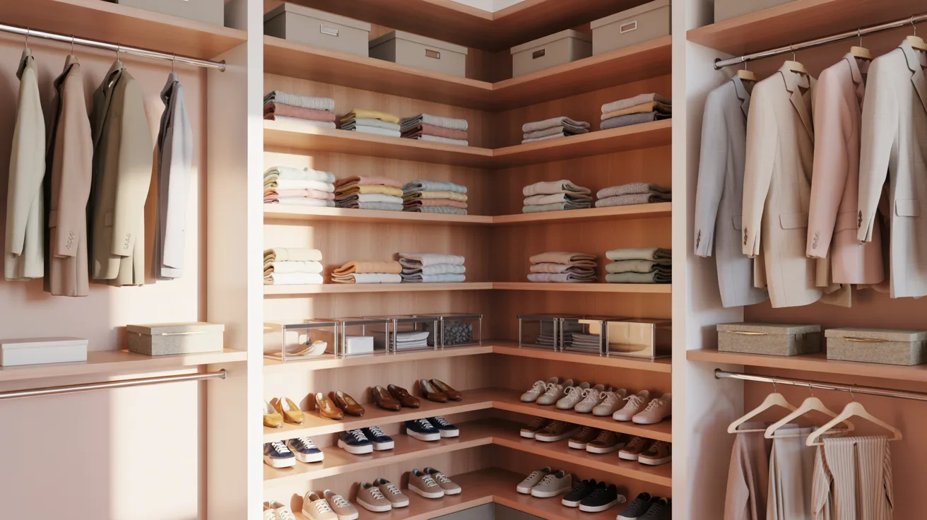 Corner shelves in walk-in closet storing folded clothes, shoes, and bins in organized, accessible, and neatly arranged modern storage systems.
